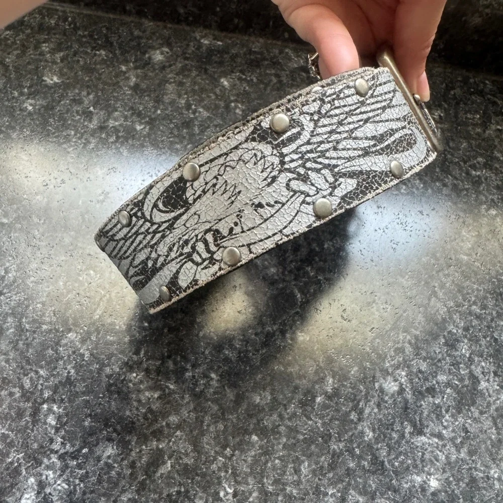 Genuine Leather Black Cracked Silver Eagle Wing Studded Belt 36